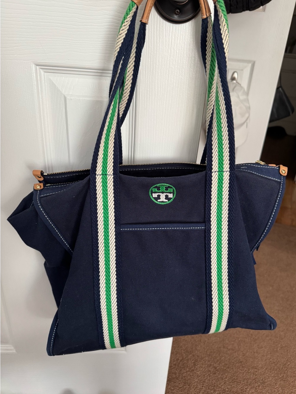 Tory Burch Navy Canvas Tote with Green & White Striped Handles